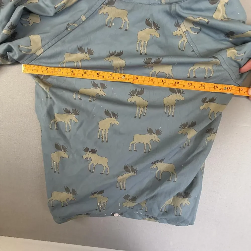 Hatley Rain Coat Kids 6-7 Blue Moose Print Hooded Snap Terry Lined Rainwear